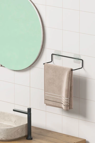 Yapışkanlı Havluluk Siyah Havlu Askısı Metal Havlu tutacağı Banyo Mutfak Havluluğu Minimal Tasarım
