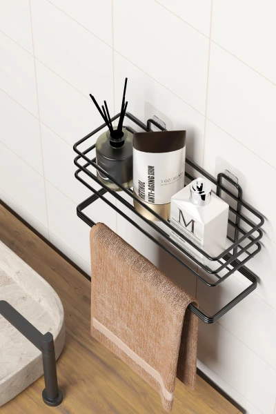 Yapışkanlı Banyo Rafı Havlu Asıcı Raf Duş Şampuanlık Rafı Duvar Düzenleyici Organizer Havluluk