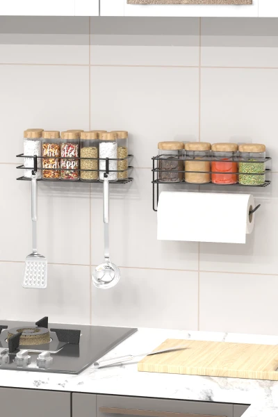 Yapışkanlı Baharatlık 2 Li Metal Kağıt Havluluk Siyah Baharat Standı Mutfak Rafı