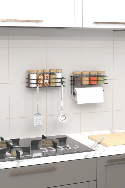 Yapışkanlı Baharatlık 2 Li Metal Kağıt Havluluk Siyah Baharat Standı Mutfak Rafı