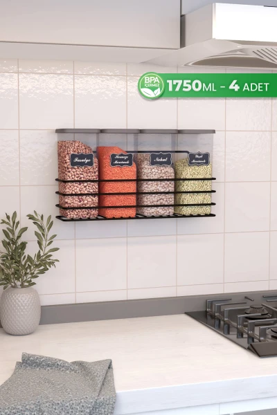 Yapışkan Raflı 4lü 1750ml Saklama Kabı Seti Etiket Hediyeli Metal Erzak ve Bakliyat Standı Organizer