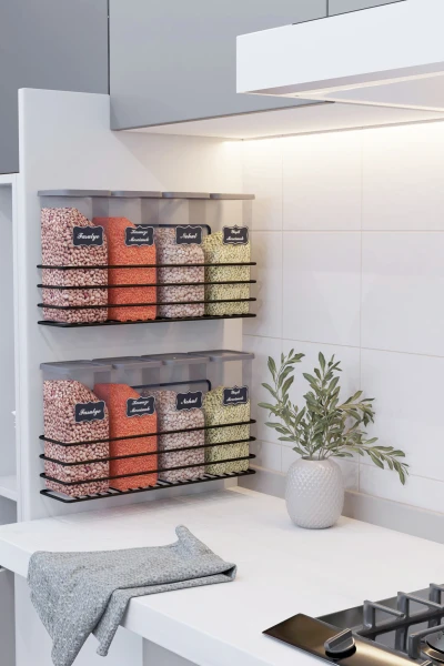 Yapışkan Raflı 4lü 1750ml Saklama Kabı Seti Etiket Hediyeli Metal Erzak ve Bakliyat Standı Organizer