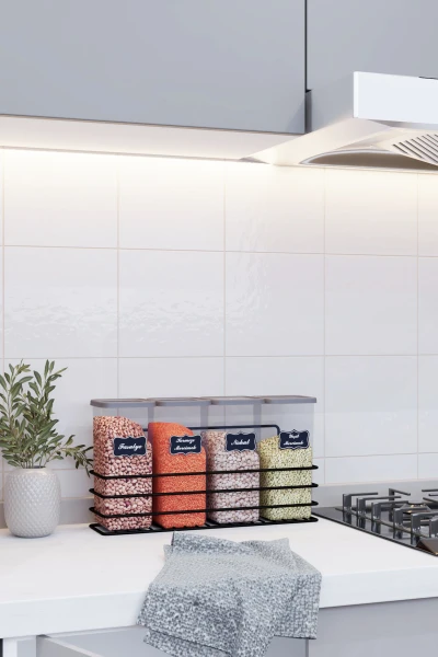 Yapışkan Raflı 4lü 1750ml Saklama Kabı Seti Etiket Hediyeli Metal Erzak ve Bakliyat Standı Organizer