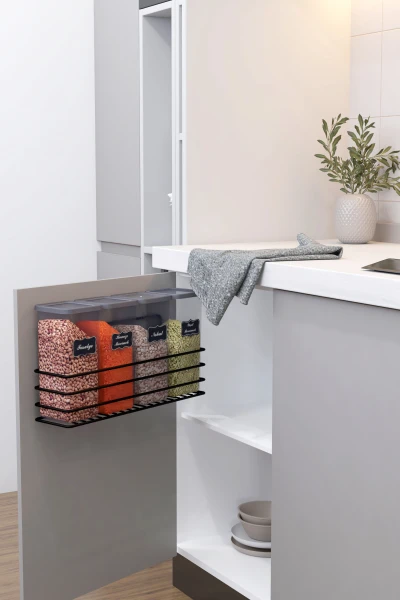 Yapışkan Raflı 4lü 1750ml Saklama Kabı Seti Etiket Hediyeli Metal Erzak ve Bakliyat Standı Organizer