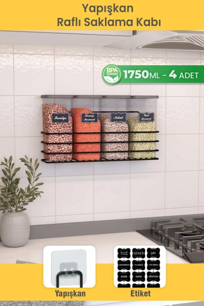 Yapışkan Raflı 4lü 1750ml Saklama Kabı Seti Etiket Hediyeli Metal Erzak ve Bakliyat Standı Organizer