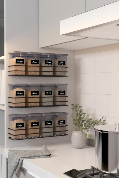 Yapışkan Raflı 4lü 1200ml Saklama Kabı Seti Etiket Hediyeli Metal Erzak ve Bakliyat Standı Organizer