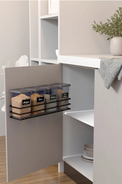 Yapışkan Raflı 4lü 1200ml Saklama Kabı Seti Etiket Hediyeli Metal Erzak ve Bakliyat Standı Organizer