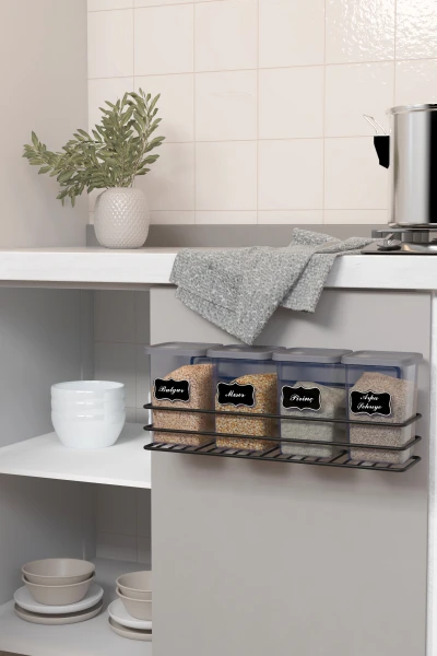 Yapışkan Raflı 4lü 1200ml Saklama Kabı Seti Etiket Hediyeli Metal Erzak ve Bakliyat Standı Organizer