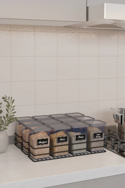 Yapışkan Raflı 4lü 1200ml Saklama Kabı Seti Etiket Hediyeli Metal Erzak ve Bakliyat Standı Organizer