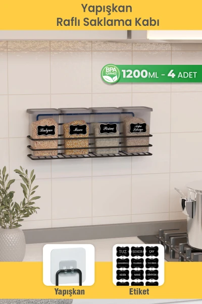 Yapışkan Raflı 4lü 1200ml Saklama Kabı Seti Etiket Hediyeli Metal Erzak ve Bakliyat Standı Organizer