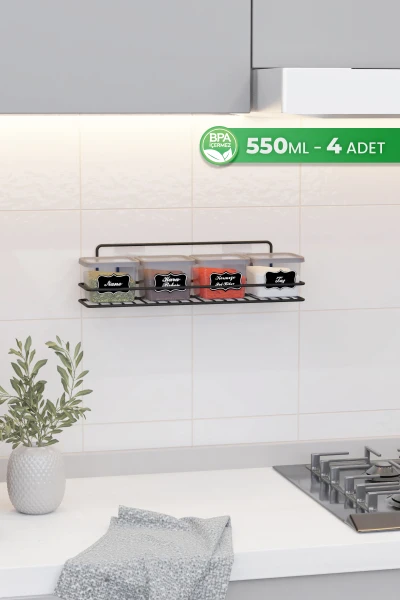 Yapışkan Raflı 4 lü 550 ml Baharatlık Seti Etiket ve Kaşık Hediyeli Metal Baharat Standı