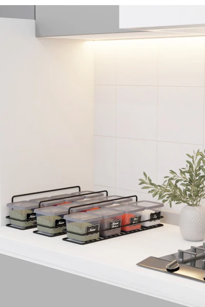 Yapışkan Raflı 4 lü 550 ml Baharatlık Seti Etiket ve Kaşık Hediyeli Metal Baharat Standı