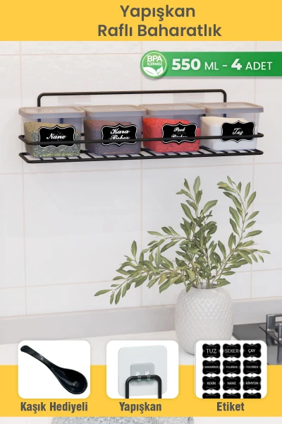 Yapışkan Raflı 4 lü 550 ml Baharatlık Seti Etiket ve Kaşık Hediyeli Metal Baharat Standı