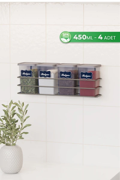 Yapışkan Raflı 12 li 450 ml Baharatlık Seti Etiket ve Kaşık Hediyeli Metal Baharat Standı