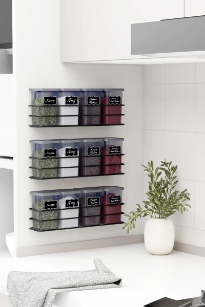 Yapışkan Raflı 12 li 450 ml Baharatlık Seti Etiket ve Kaşık Hediyeli Metal Baharat Standı