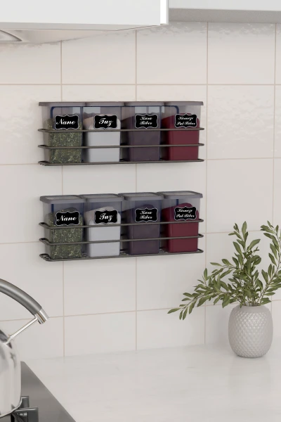 Yapışkan Raflı 12 li 450 ml Baharatlık Seti Etiket ve Kaşık Hediyeli Metal Baharat Standı