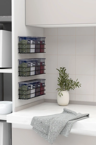 Yapışkan Raflı 12 li 450 ml Baharatlık Seti Etiket ve Kaşık Hediyeli Metal Baharat Standı