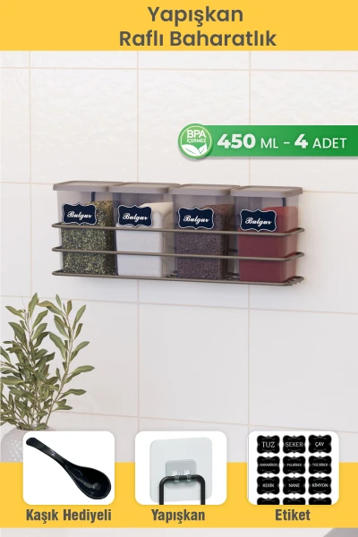 Yapışkan Raflı 12 li 450 ml Baharatlık Seti Etiket ve Kaşık Hediyeli Metal Baharat Standı