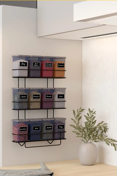 Yapışkan Raflı 12 li 450 ml Baharatlık Seti Etiket ve Kaşık Hediyeli Metal Baharat Standı