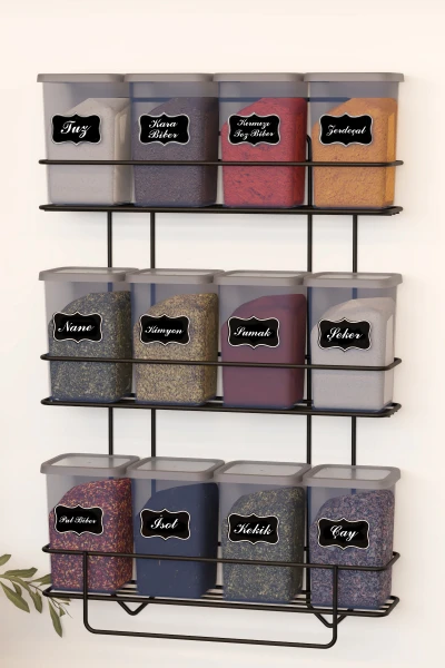 Yapışkan Raflı 12 li 450 ml Baharatlık Seti Etiket ve Kaşık Hediyeli Metal Baharat Standı