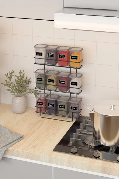 Yapışkan Raflı 12 li 450 ml Baharatlık Seti Etiket ve Kaşık Hediyeli Metal Baharat Standı
