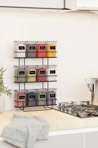 Yapışkan Raflı 12 li 450 ml Baharatlık Seti Etiket ve Kaşık Hediyeli Metal Baharat Standı