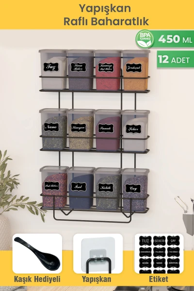 Yapışkan Raflı 12 li 450 ml Baharatlık Seti Etiket ve Kaşık Hediyeli Metal Baharat Standı