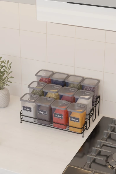 12 Li 450 ml Metal Standlı Baharatlık Seti Etiket Ve Kaşık Hediyeli Baharat Standı Rafı