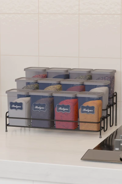 12 Li 450 ml Metal Standlı Baharatlık Seti Etiket Ve Kaşık Hediyeli Baharat Standı Rafı