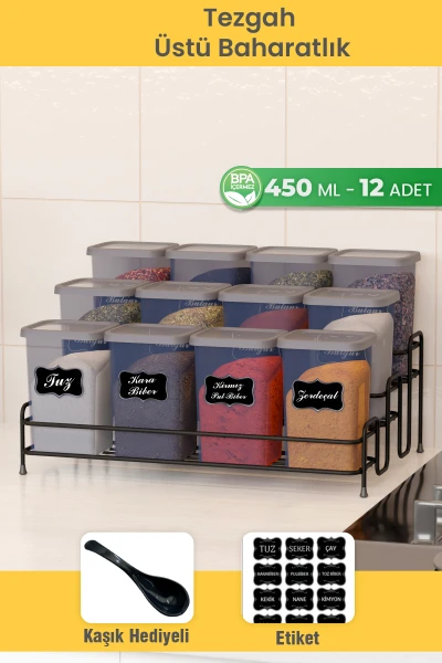 12 Li 450 ml Metal Standlı Baharatlık Seti Etiket Ve Kaşık Hediyeli Baharat Standı Rafı