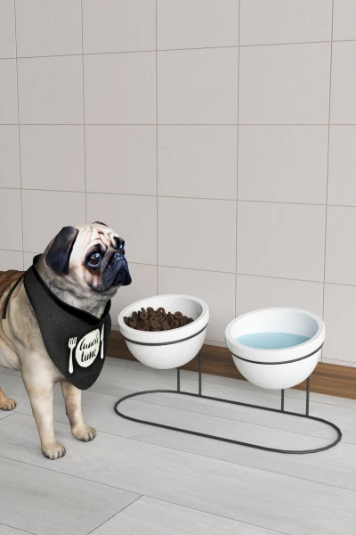 2 Li Seramik Mama Ve Su Kabı Metal Standlı Kedi Köpek Mama Kabı Evcil Hayvan Mama Kasesi