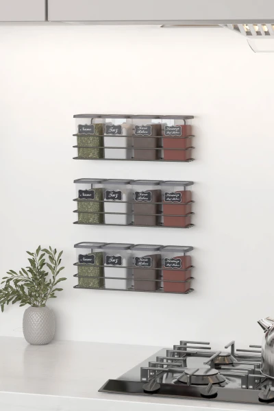 Yapışkan Raflı 12 li 450 ml Baharatlık Seti Etiket ve Kaşık Hediyeli Metal Baharat Standı