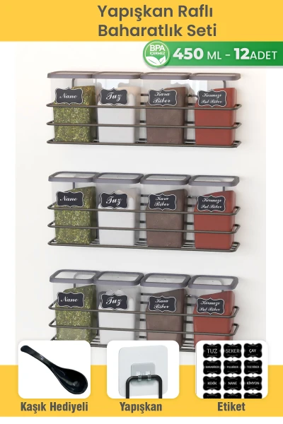 Yapışkan Raflı 12 li 450 ml Baharatlık Seti Etiket ve Kaşık Hediyeli Metal Baharat Standı
