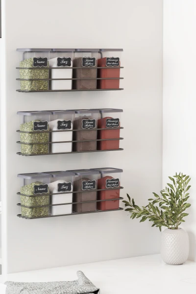 Yapışkan Raflı 12 li 450 ml Baharatlık Seti Etiket ve Kaşık Hediyeli Metal Baharat Standı
