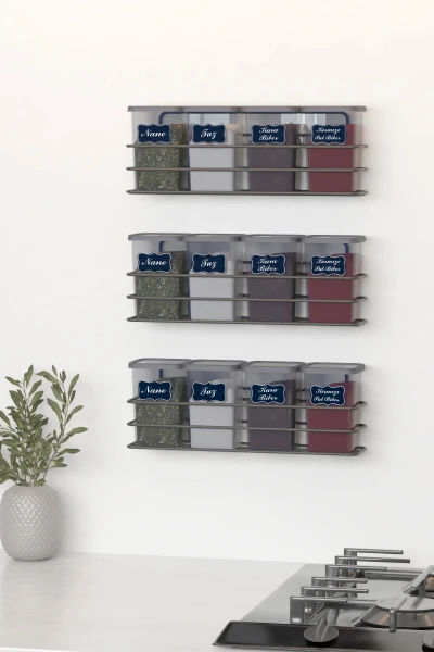 Yapışkan Raflı 12 li 450 ml Baharatlık Seti Etiket ve Kaşık Hediyeli Metal Baharat Standı