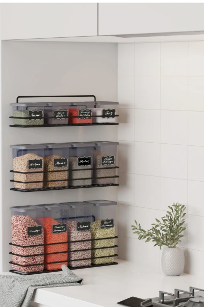 Yapışkan Raflı 12 li Saklama Kabı Seti Etiket ve Kaşık Hediyeli Metal Saklama Kabı Standı