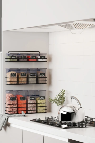 Yapışkan Raflı 12 li Saklama Kabı Seti Etiket ve Kaşık Hediyeli Metal Saklama Kabı Standı