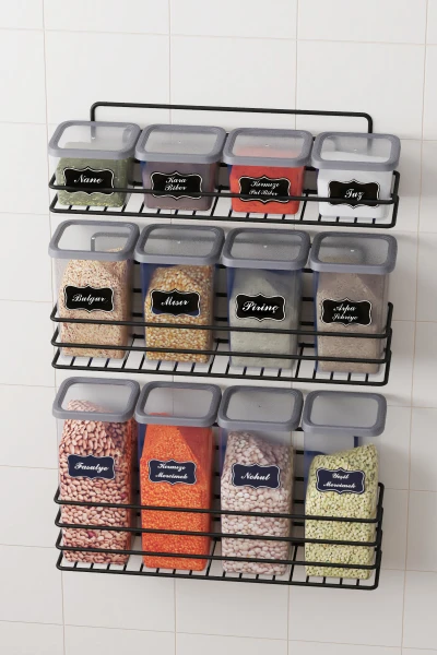 Yapışkan Raflı 12 li Saklama Kabı Seti Etiket ve Kaşık Hediyeli Metal Saklama Kabı Standı