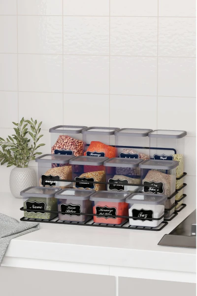 Yapışkan Raflı 12 li Saklama Kabı Seti Etiket ve Kaşık Hediyeli Metal Saklama Kabı Standı