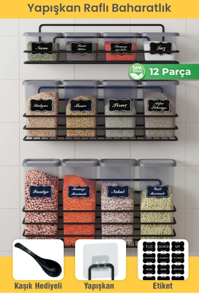 Yapışkan Raflı 12 li Saklama Kabı Seti Etiket ve Kaşık Hediyeli Metal Saklama Kabı Standı