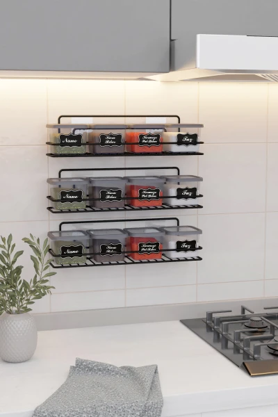 Yapışkan Raflı 12 li 550 ml Baharatlık Seti Etiket ve Kaşık Hediyeli Metal Baharat Standı