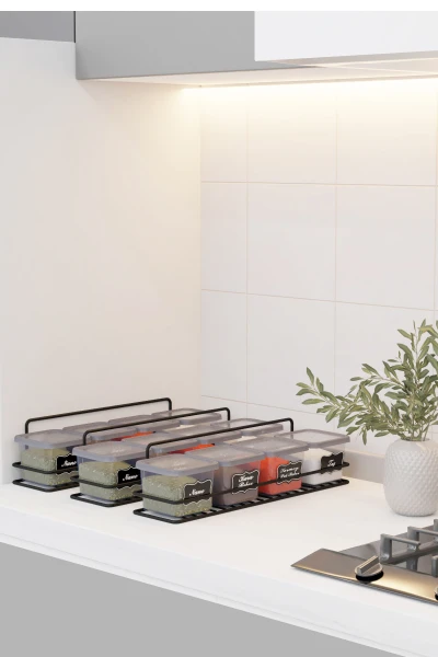 Yapışkan Raflı 12 li 550 ml Baharatlık Seti Etiket ve Kaşık Hediyeli Metal Baharat Standı