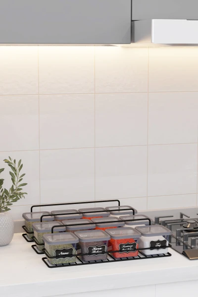 Yapışkan Raflı 12 li 550 ml Baharatlık Seti Etiket ve Kaşık Hediyeli Metal Baharat Standı