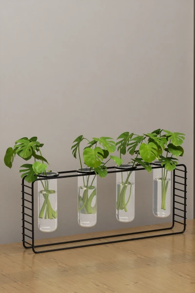 4 Gözlü Siyah Metal Standlı Masaüstü Çiçeklik ve Ofis Çiçekliği Minimal Vazo