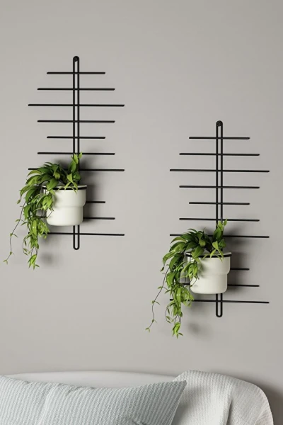 2 Li Metal Duvar Saksılığı Dekorasyon Saksı Oval Çiçeklik Standı Vazo Çiçek Krem