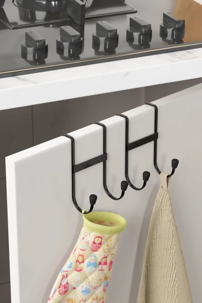 zabata 2 Adet Dolap Kapağı Askılığı Çift Kancalı Düzenleyici Mutfak Askısı Metal Askılık Organizer Siyah