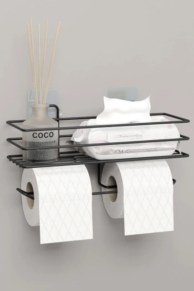 Yapışkanlı Çiftli Tuvalet Kağıtlığı Tutacağı Askısı Mat Siyah Metal Tuvalet Kağıtlık