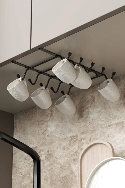 10 Kancalı Fincan Kupa Bardak Askısı Dolap Içi Kancalı Fincan Askılığı Siyah Metal Düzenleyici