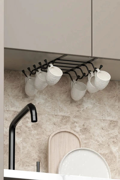 10 Kancalı Fincan Kupa Bardak Askısı Dolap Içi Kancalı Fincan Askılığı Siyah Metal Düzenleyici