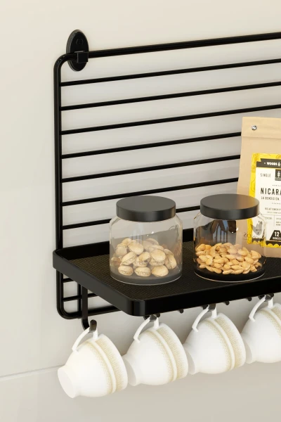 Metal Duvar Rafı Büyük Boy Modern Mutfak Rafı Baharatlık 6 Kancalı Fincan Askısı ve Duvar Organizeri